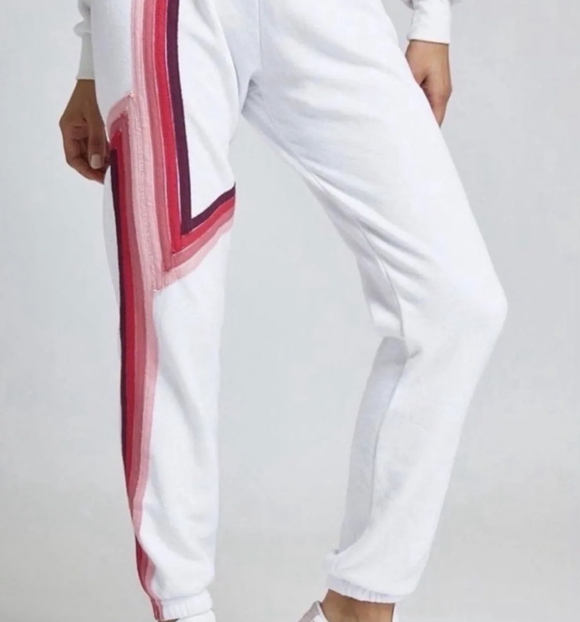 Aviator Nation white sweatpants with pink and burgundy side stripes