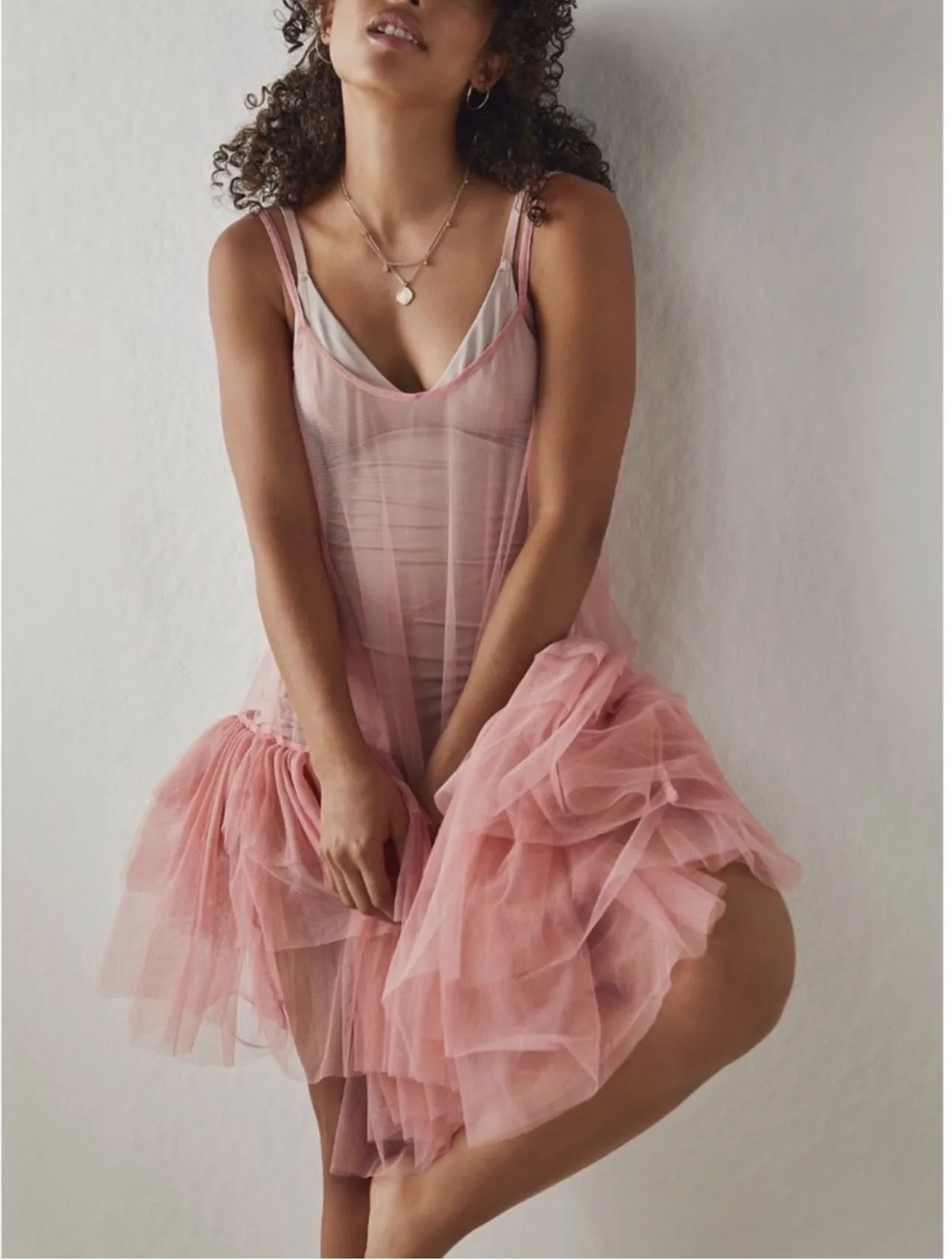 Intimately Free People Cascades of Ruffles sheer pink tulle midi slip dress