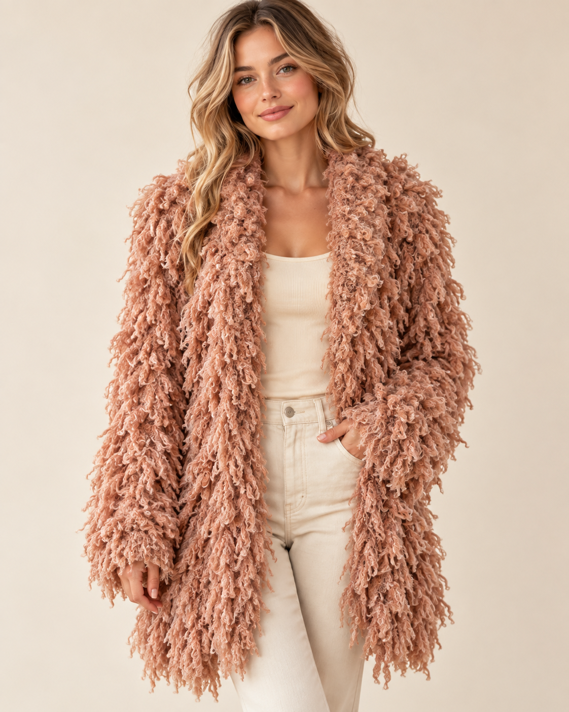 Modeled preview of Dawn’s dusty rose-pink shaggy Free People cardigan