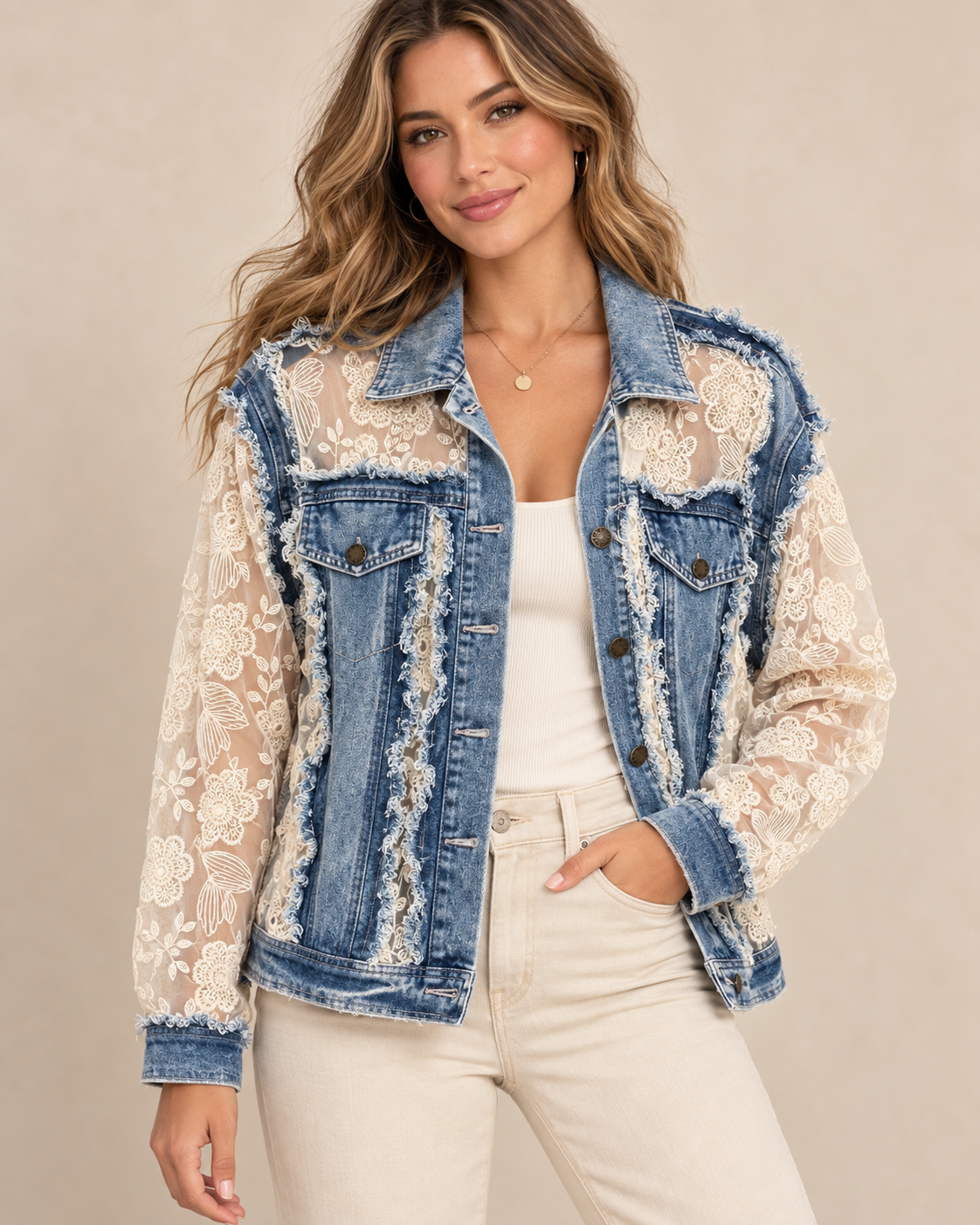 Modeled preview of Dawn’s Vervet denim jacket with embroidered mesh panels